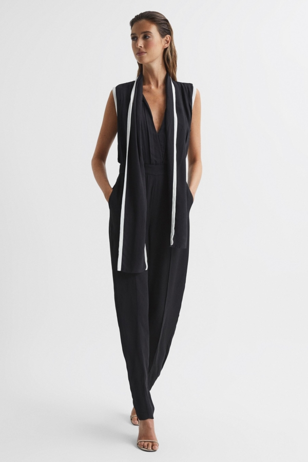 Celina - Black Neck Tie Wide Leg Jumpsuit