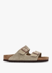 BIRKENSTOCK Arizona Taupe Suede Two Bar Mules Size: 42, Colour: Taupe