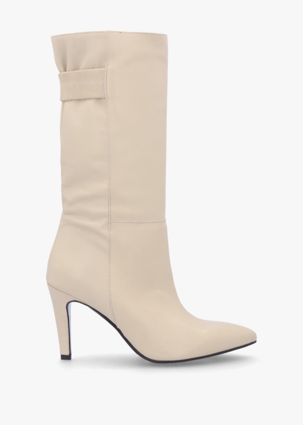 DANIEL Gardenia 80&apos;s Cream Leather Elasticated Back Heeled Calf Boots