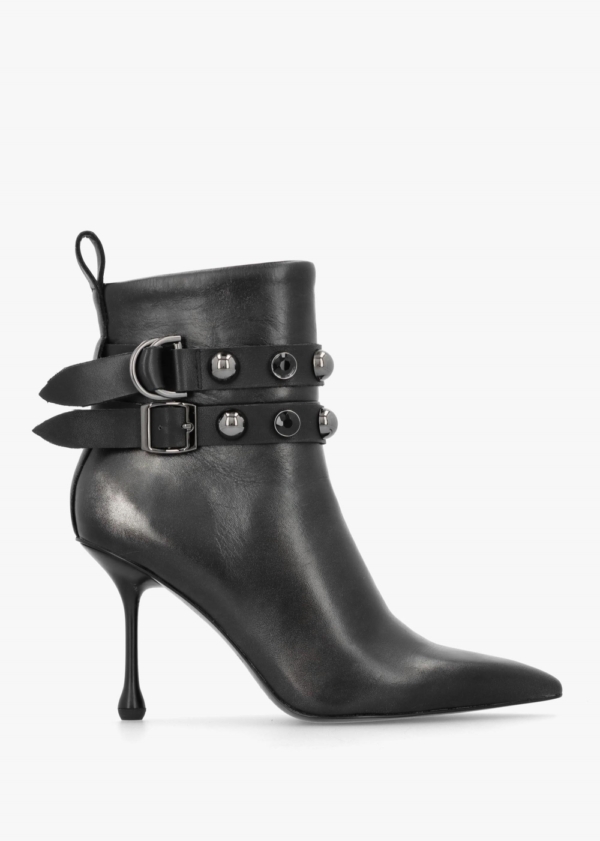 EPICA Black Leather Embellished Ankle Strap Shaped Heel Boots Colour: