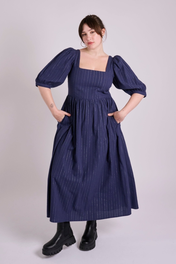 MuthaHood Minna Cotton Navy Metallic Seersucker Dress