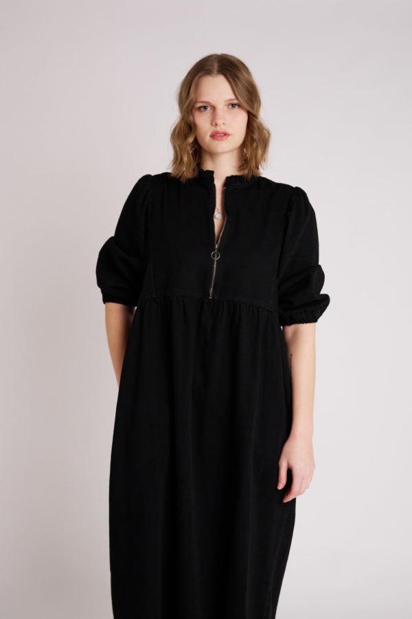 MuthaHood Zelda Zip Up Frill Collar Black Denim Midi Dress