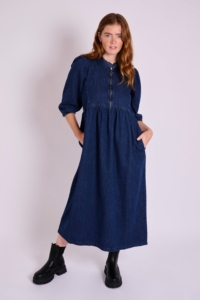 MuthaHood Zelda Zip Up Frill Collar Dark Denim Midi Dress