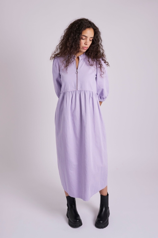 MuthaHood Zelda Zip Up Lilac Denim Midi Dress