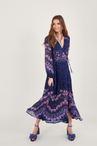 Monsoon Talitha Print Wrap Dress with Sustainable Viscose Blue