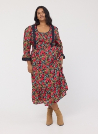 Joanie Clothing Eleri Antique Rose Print Crochet Trim Prairie Dress – 8 (Red)
